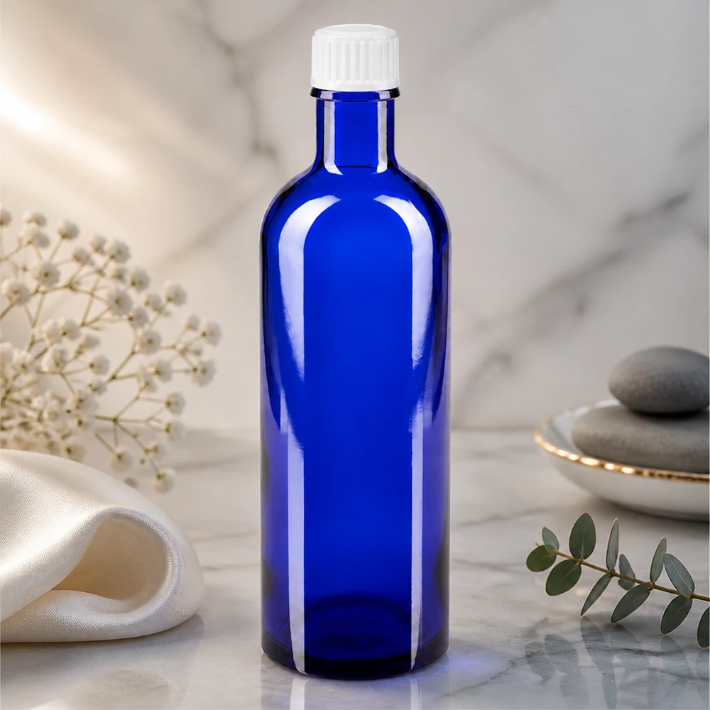 Flacone cilindrico da farmacia da 200 ml, blu cobalto, con tappo a vite in plastica bianca