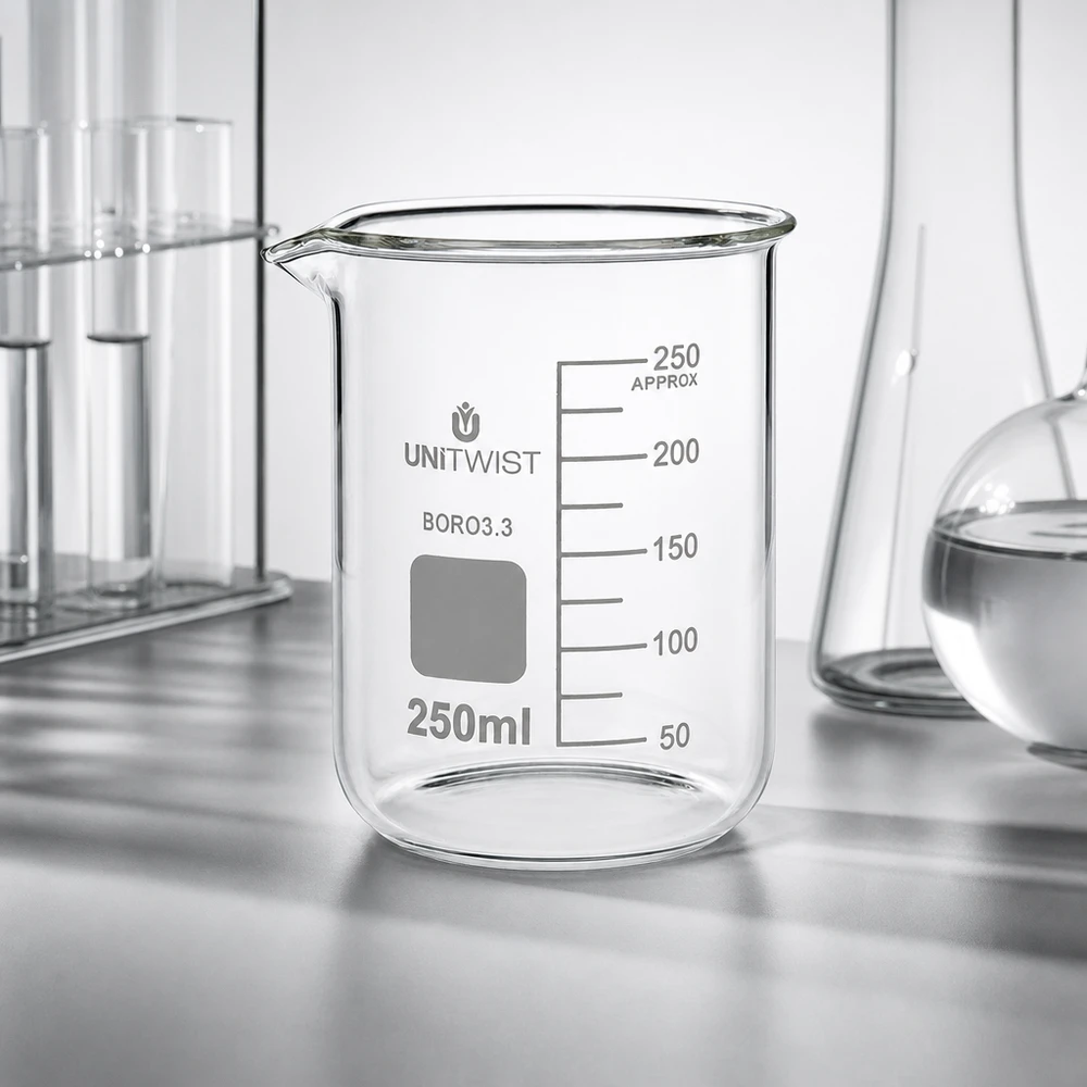Bicchiere vuoto da 250 ml, forma bassa, in vetro borosilicato 3.3 trasparente di UNiTWIST