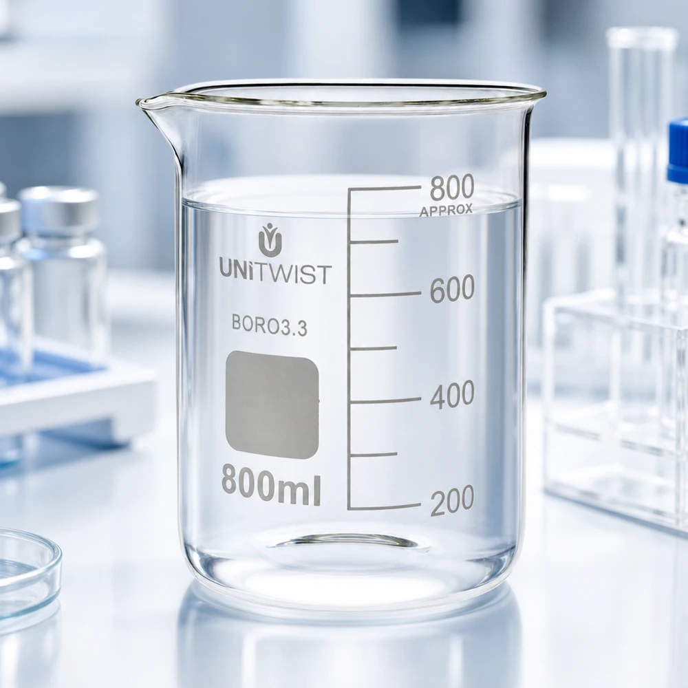 Becher trasparente vuoto da 800 ml in borosilicato 3.3, forma bassa, modello UNiTWIST, su un piano di lavoro bianco da laboratorio