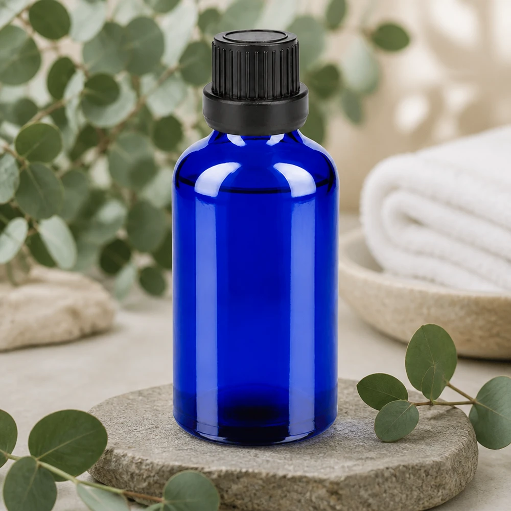 Bottiglia da 50ml 11mm SV nero OV BlueLine UT18/50 Flacone professionale in vetro cobalto da 50 ml con tappo SV nero per laboratori e farmacie