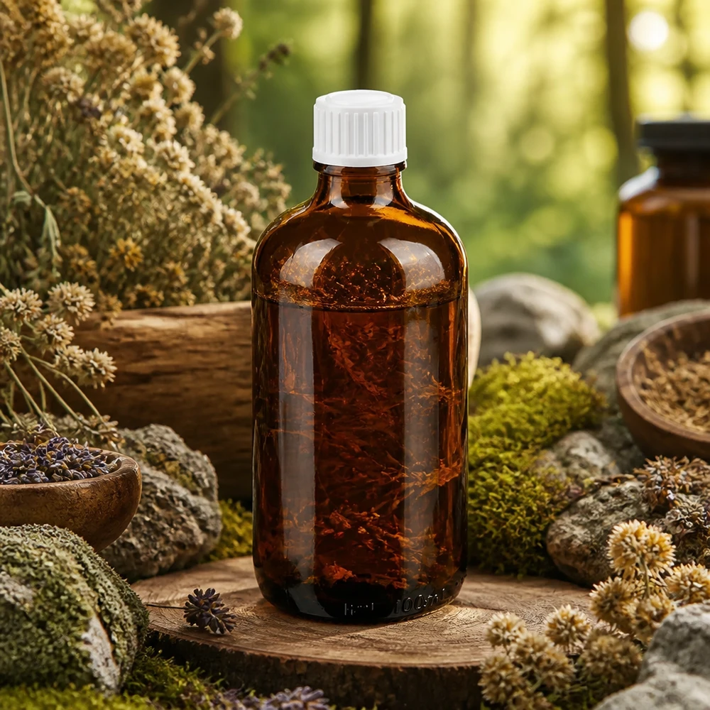Flacone di vetro marrone da 100 ml su un disco di legno, circondato da erbe medicinali e muschio in uno scenario naturale