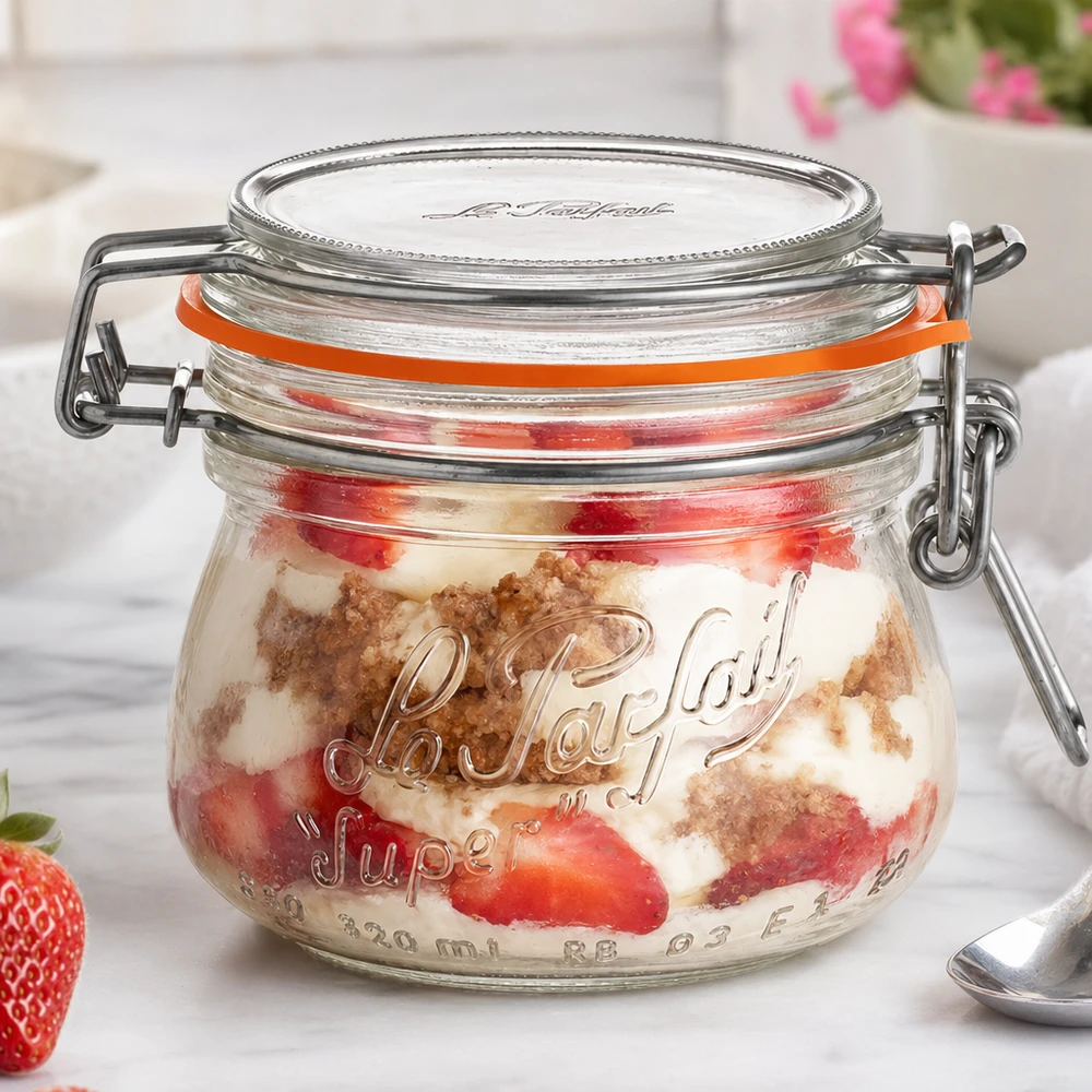 Vasetto Le Parfait Super da 250 ml con tappo girevole riempito di fragole e dessert su una superficie bianca