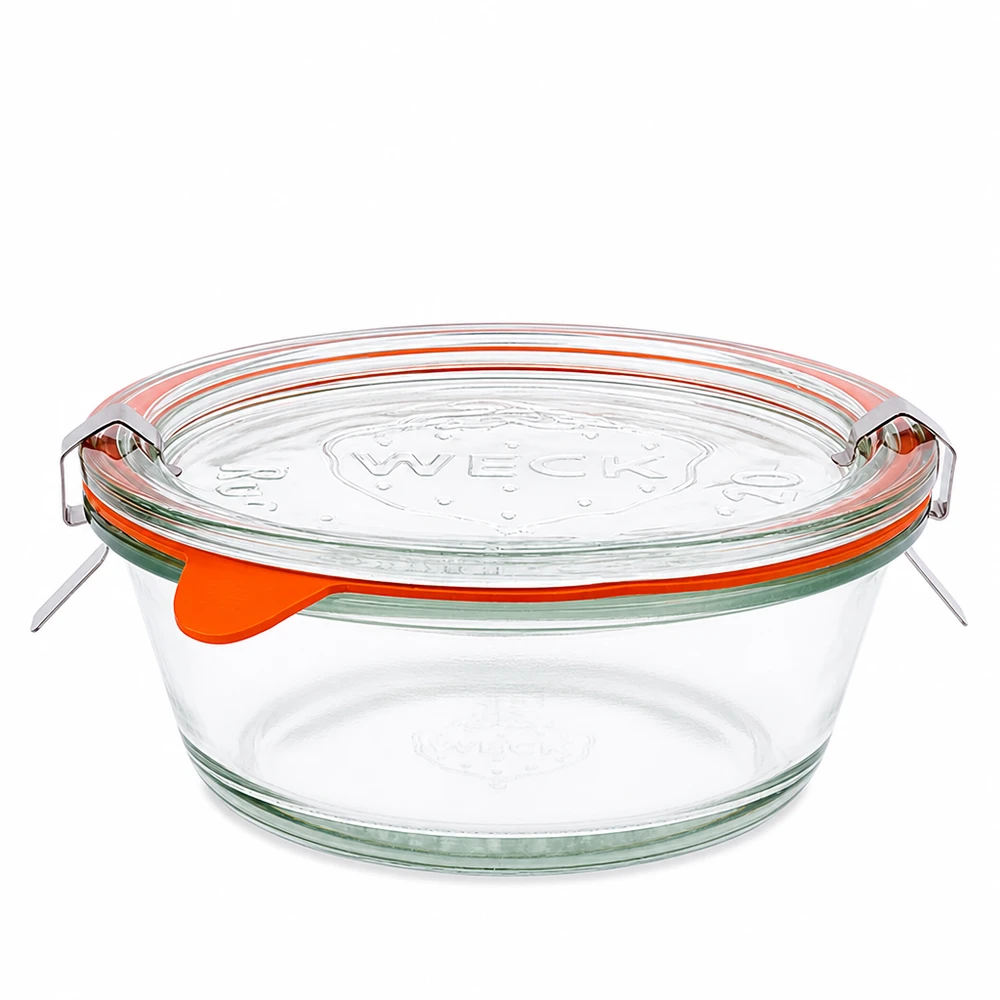Vasetto gourmet da 300 ml completo WECK RR120 WECK Barattolo Gourmet 300ml RR120 con coperchio in vetro e anello in gomma arancione, barattolo rotondo per conserve in vetro trasparente
