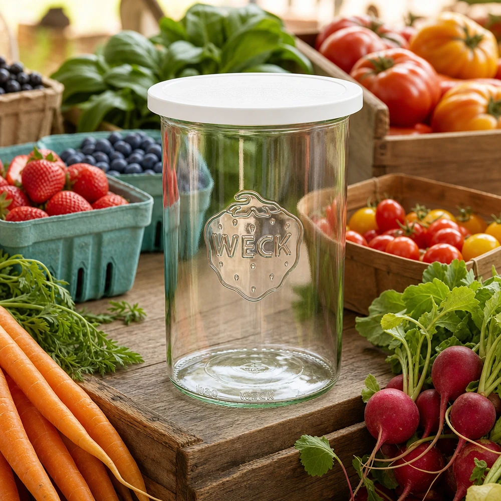 WECK tumbler 1000ml RR100 con coperchio fresco tra verdure fresche del mercato carote ravanelli e bacche
