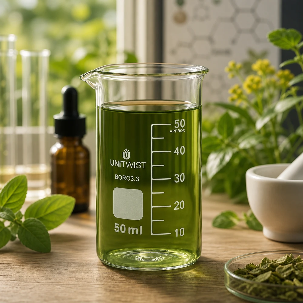 Bicchiere da laboratorio da 50 ml, modello alto UNITWIST, con estratto vegetale verde circondato da erbe fresche