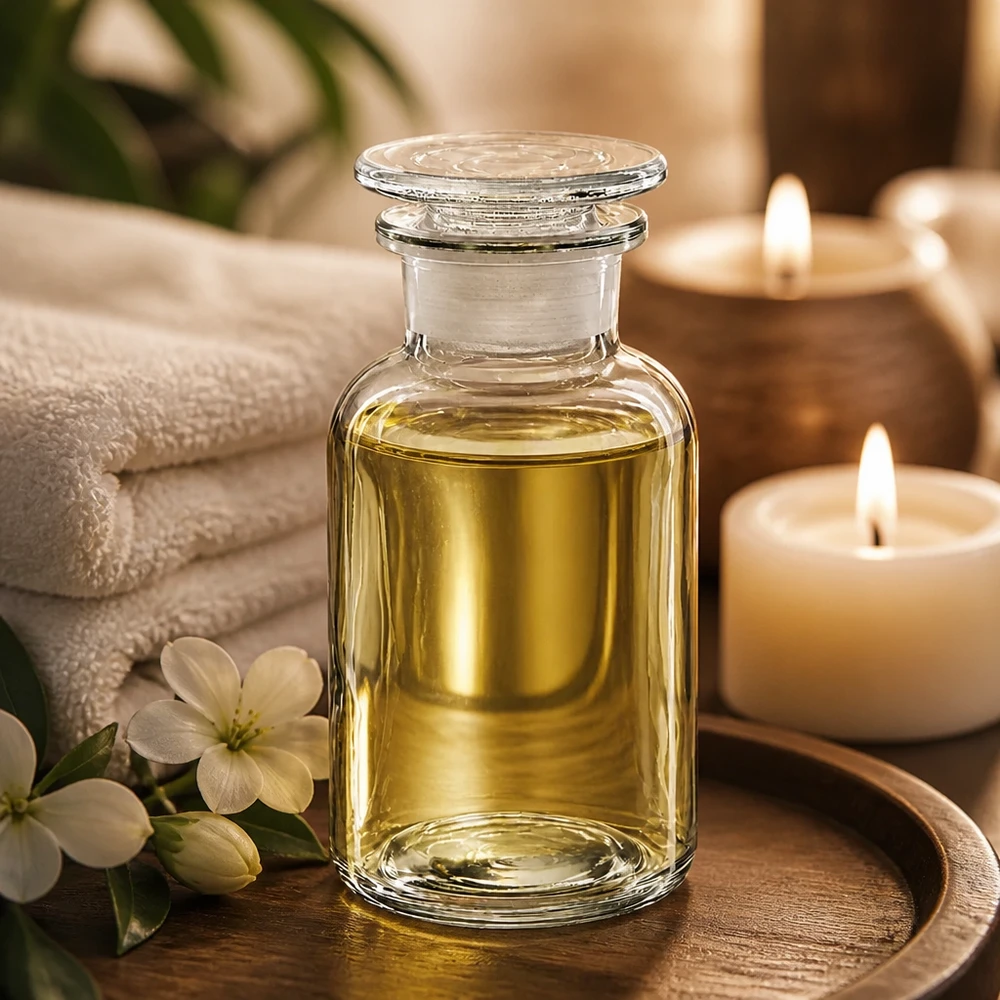 Bottiglia a spalla tonda 250ml chiara a collo largo con tappo in vetro Bottiglia a collo largo in vetro trasparente da 250 ml con tappo in vetro, contenente olio da massaggio dorato, nella spa