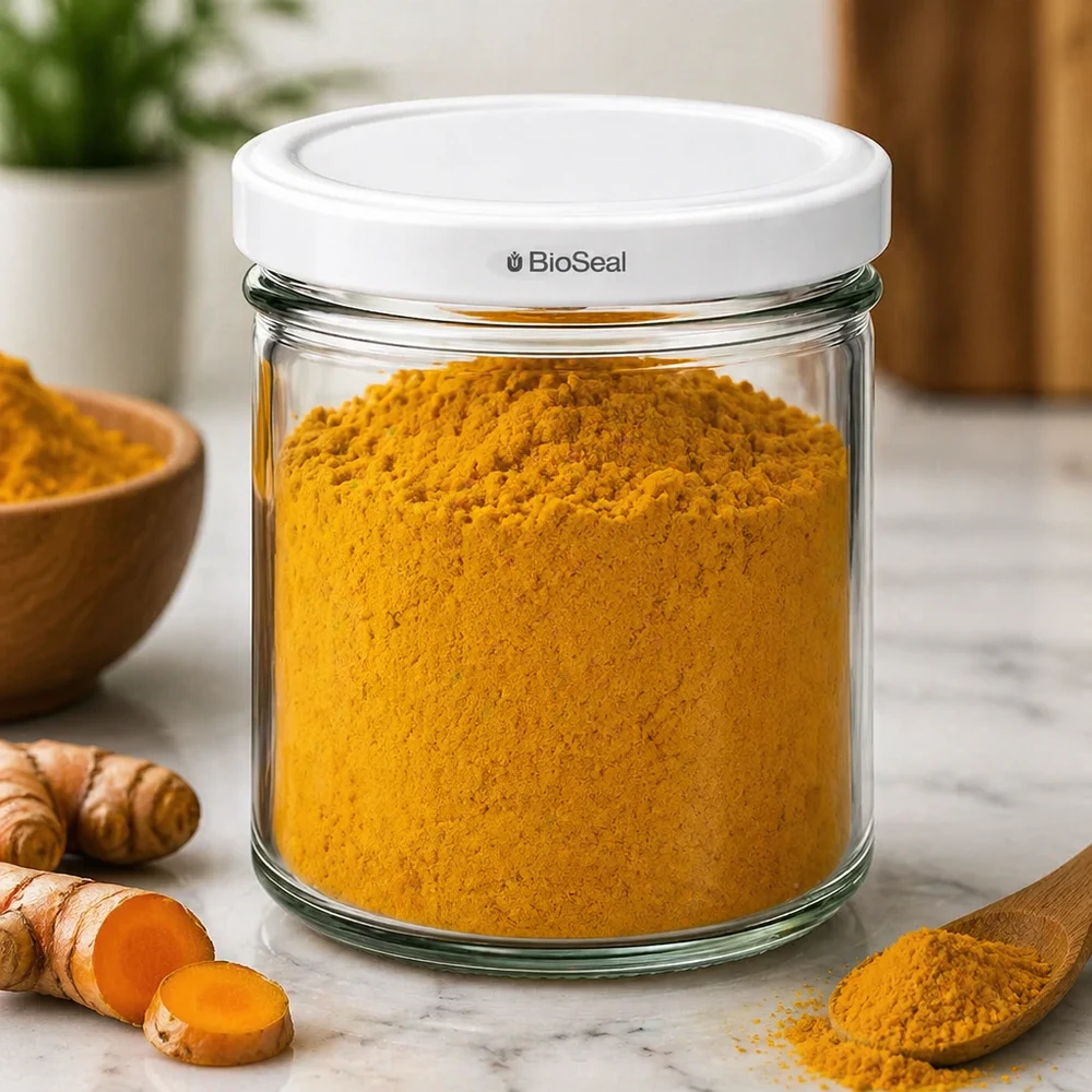 UNiTWIST Lintel167 con coperchio bianco TO66 BioSeal UNiTWIST Barattolo da 167 ml con coperchio BioSeal riempito con polvere di curcuma e spezie per la cucina.