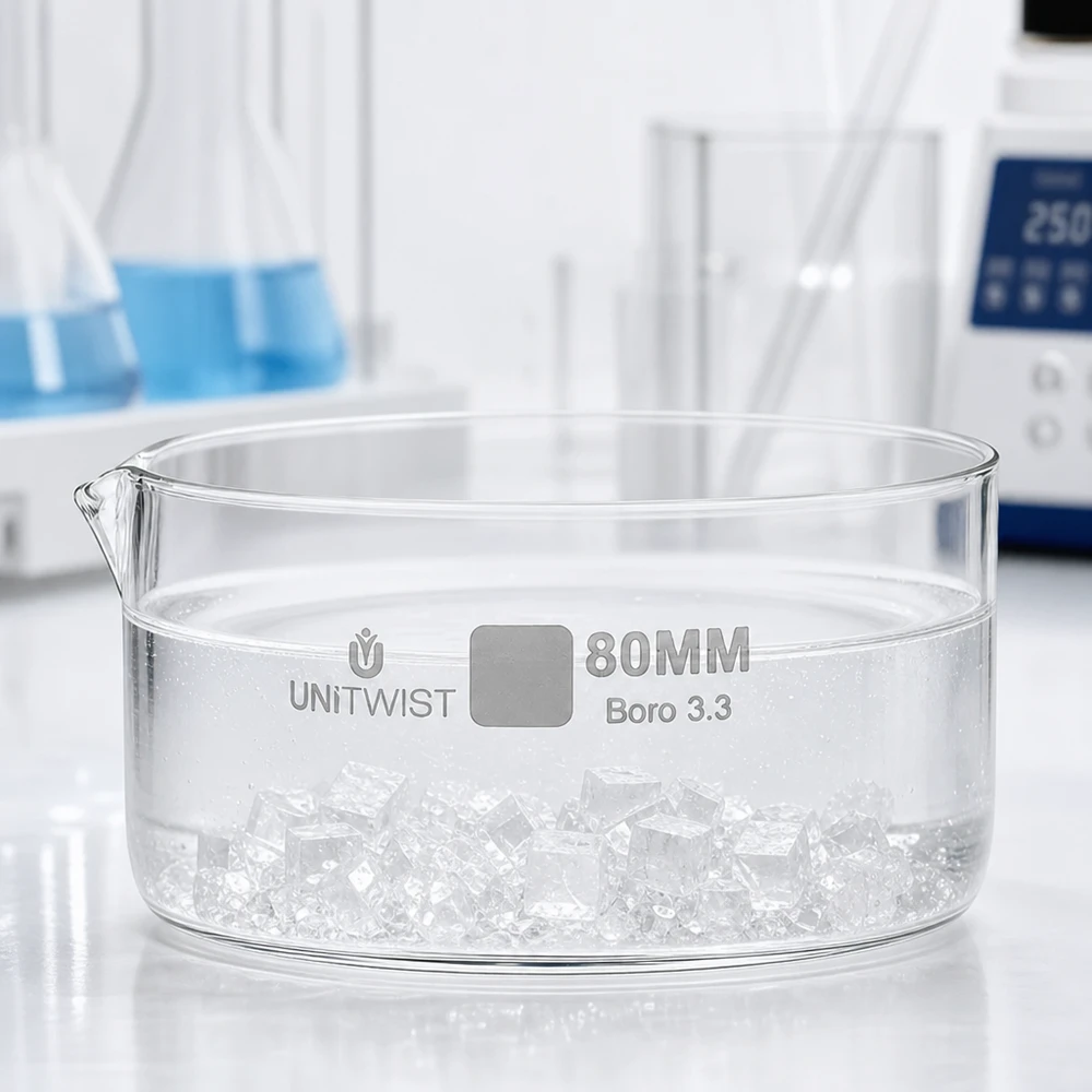 Piatto per cristallizzazione ø80 mm in vetro borosilicato UNiTWIST Vaschetta di cristallizzazione piatta da 80 mm con cubetti di ghiaccio per laboratorio, in vetro borosilicato UNiTWIST