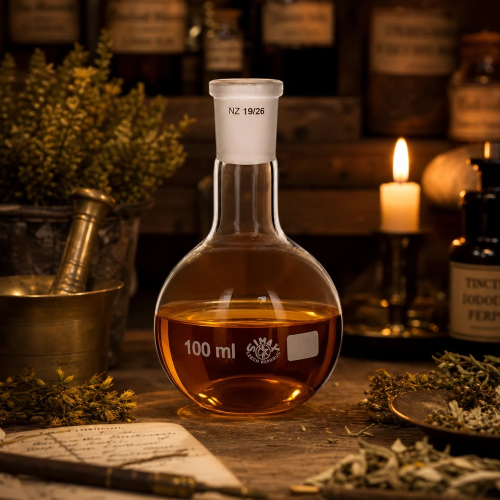 Fiaschetta da farmacia 100ml in vetro resistente al calore - ambiente di laboratorio vintage a lume di candela