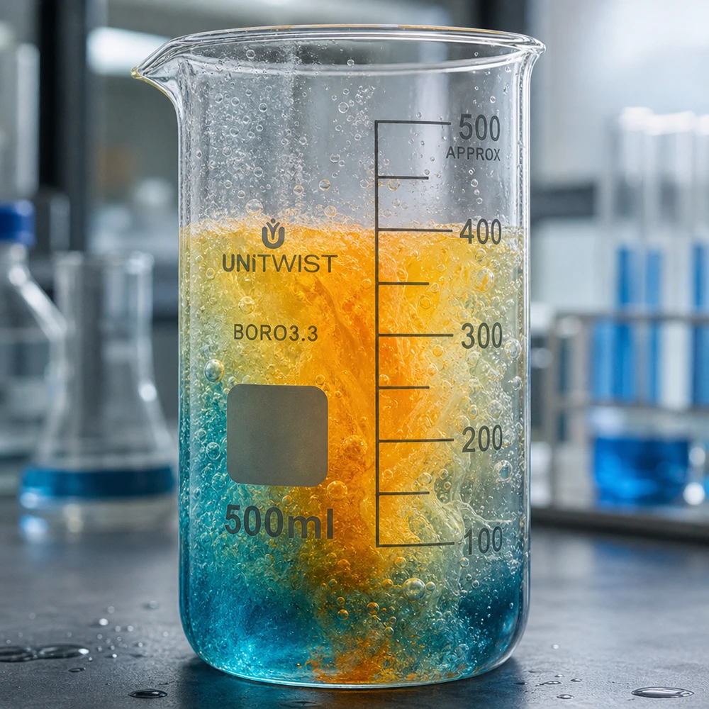 Reazione chimica nel becher UNITWIST da 500 ml, modello alto, con miscela di colori arancione e blu