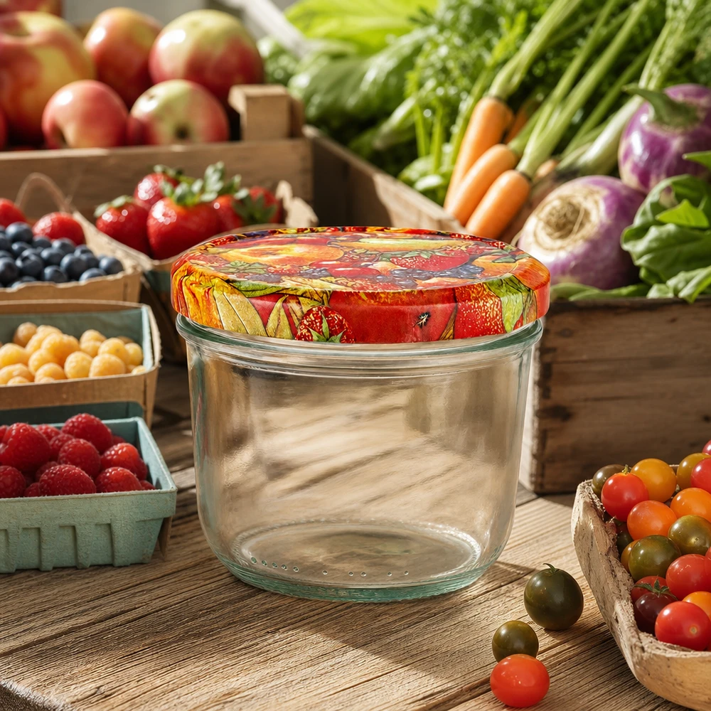 Bicchieri da 230 ml + coperchio BasicSeal con decorazione di frutta UN.. Bicchieri da 230 ml con coperchio BasicSeal con decoro di frutta su un tavolo di legno circondato da verdure fresche e bacche dell'orto