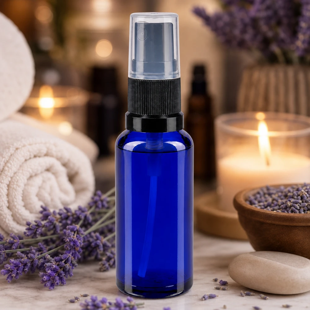 Flacone spray da farmacia in vetro blu da 30 ml con nebulizzatore nero su sfondo marmorizzato con motivi di lavanda