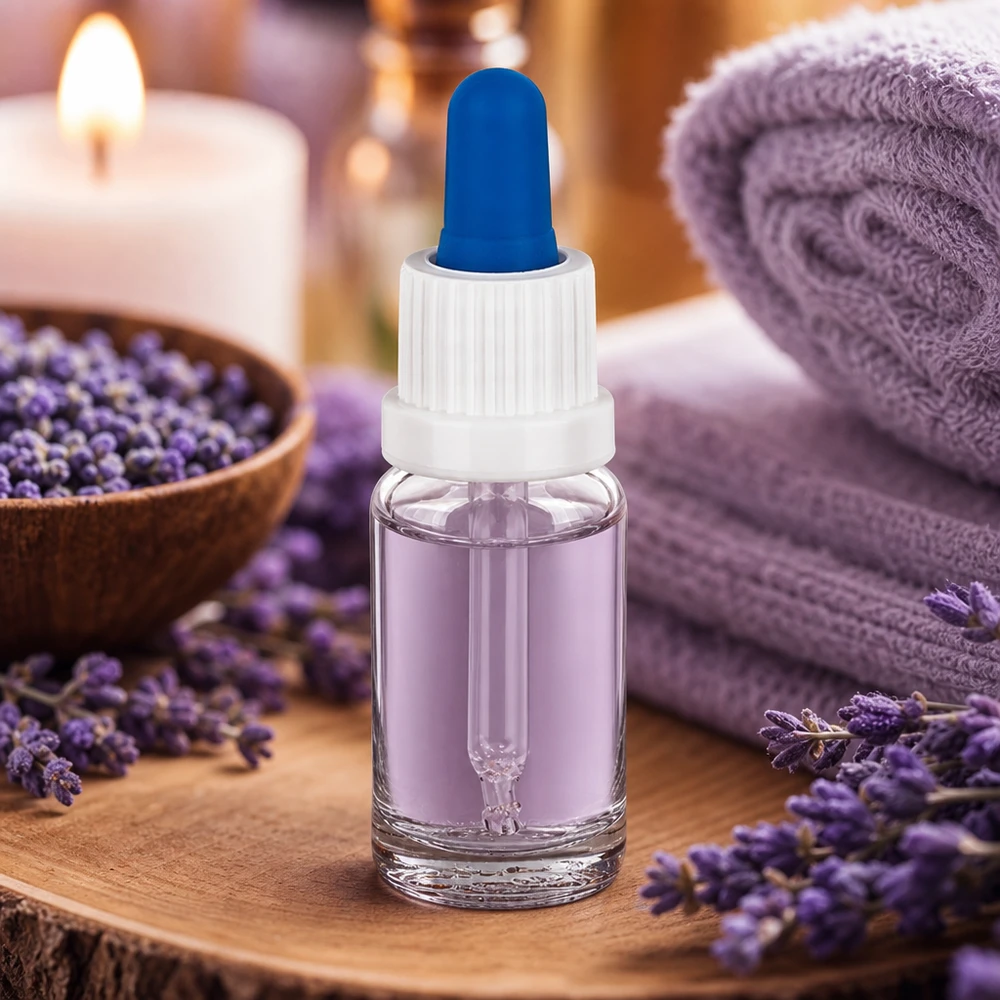 Flacone per pipette da 10 ml bianco/blu OV ClearL. UT18/10 Flacone con pipetta da 10 ml contenente olio di lavanda, posizionato su una base di legno con fiori di lavanda e una candela