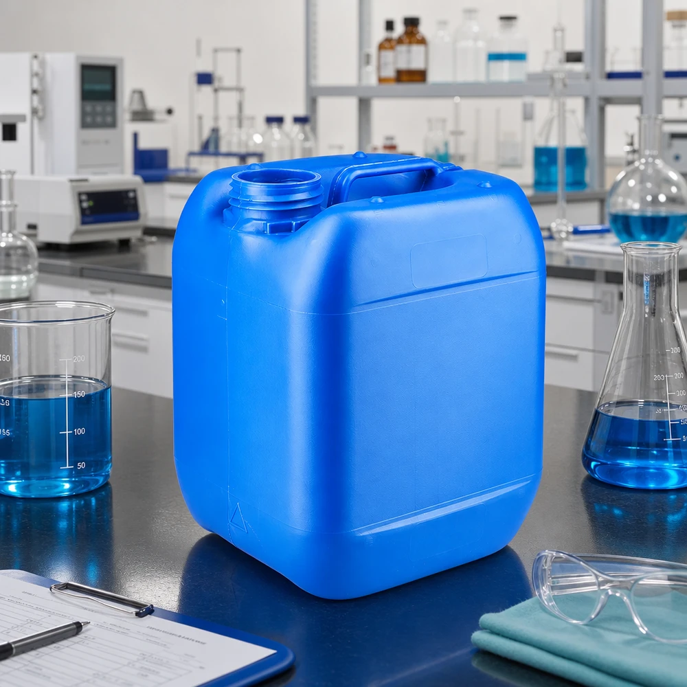 Tanica 5 litri blu senza tappo Tanica blu da 5 litri senza coperchio sul tavolo da laboratorio, accanto a un matraccio di Erlenmeyer e a un becher