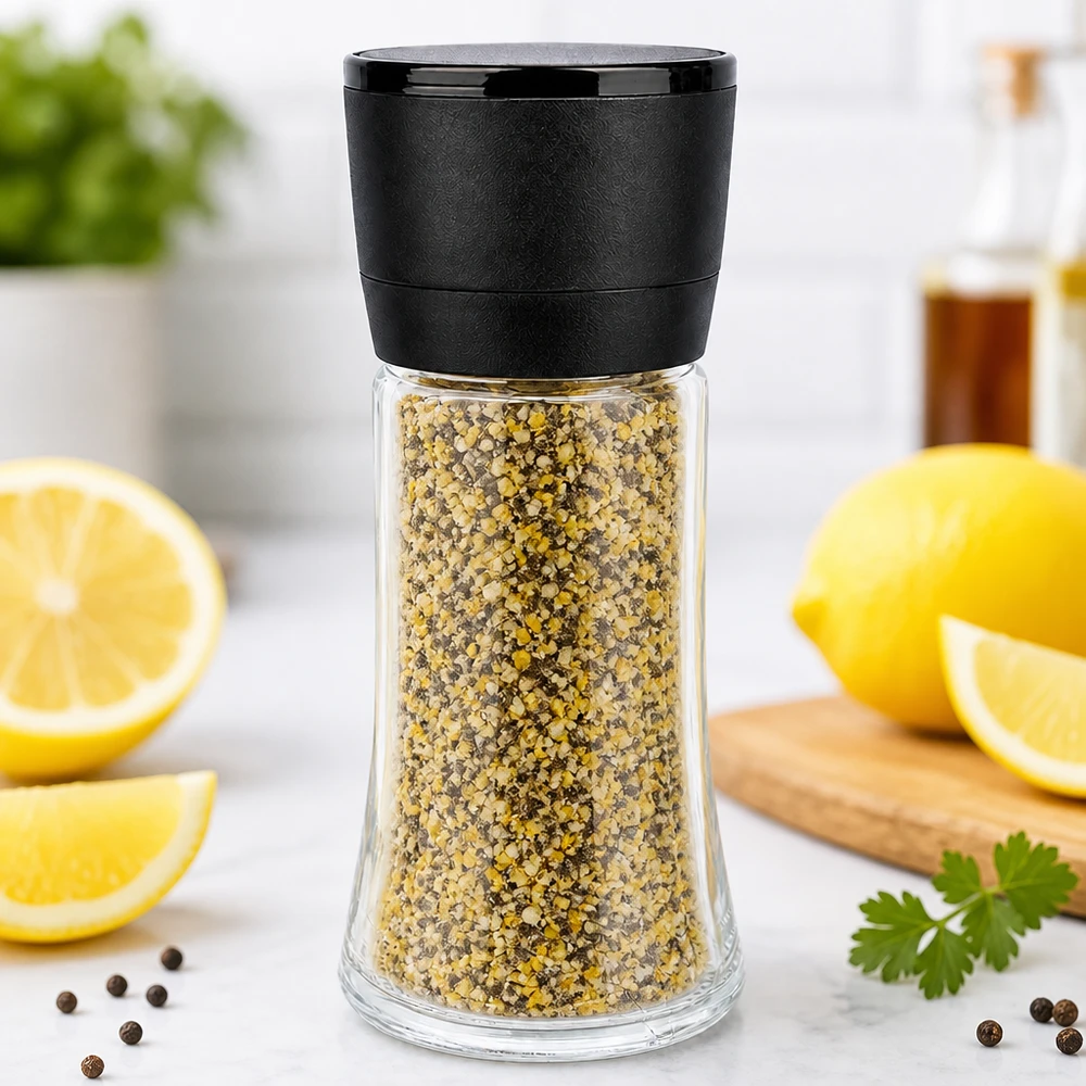Barattolo per sale e spezie da 95 ml con macinino Vario nero Miscela di spezie al pepe e limone in un macinino di vetro da 95 ml con macina Vario nera su base in marmo