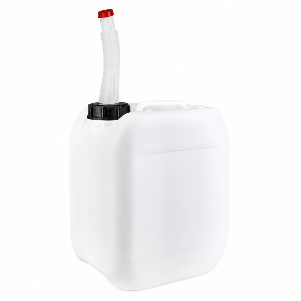 Tanica da 5 litri con tubo di uscita flessibile Tanica di plastica bianca da 5 litri con beccuccio flessibile e tappo a vite nero