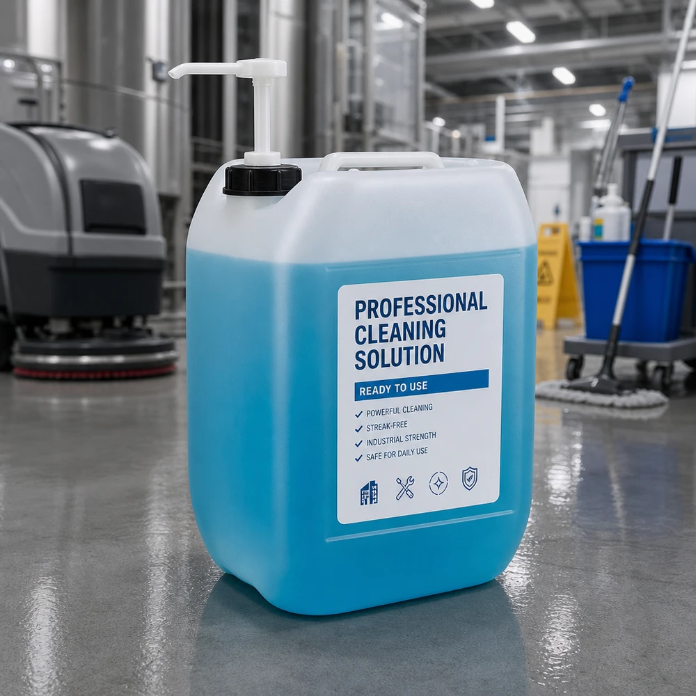 Tanica da 10 litri con pompa dosatrice Tanica blu da 10 litri per detergenti con pompa dosatrice sul pavimento industriale di un capannone di produzione
