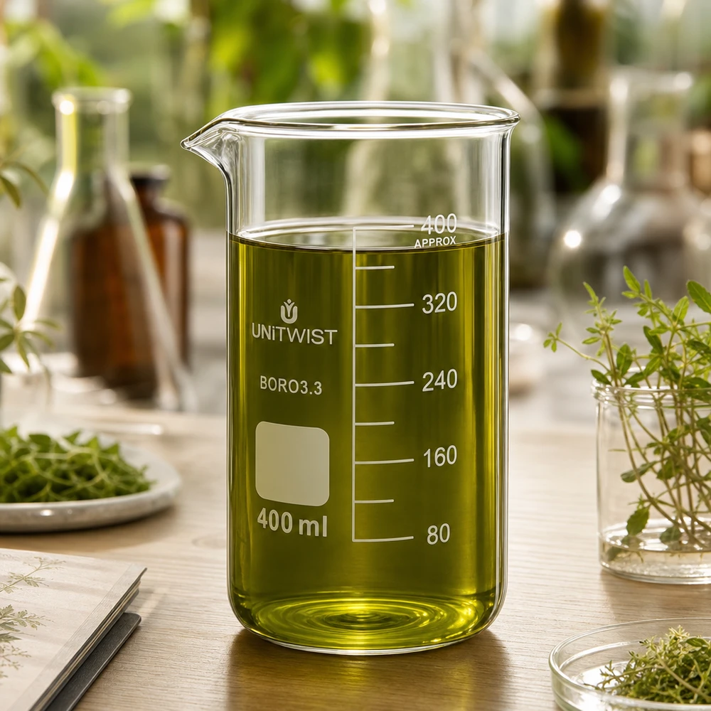 Bicchiere UNITWIST da 400 ml con estratto vegetale verde circondato da erbe aromatiche fresche su base di legno