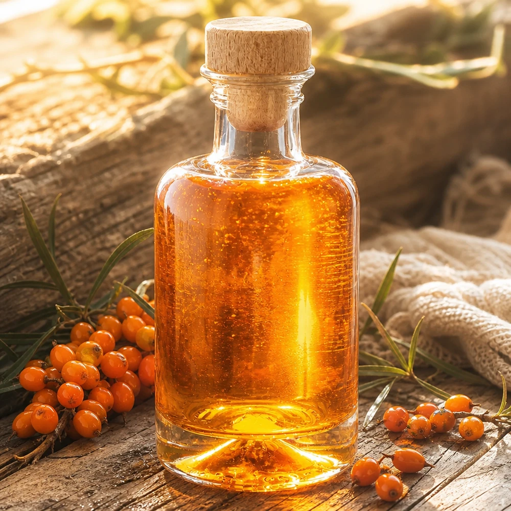 Flacone farmaceutico da 100 ml Sofia con tappo in sughero con impugnatura in legno UNiTWIST® Bottiglia in vetro di Sofia da 100 ml con tappo in legno riempita con olio di olivello spinoso accanto a bacche di olivello spinoso arancione decorazione naturale