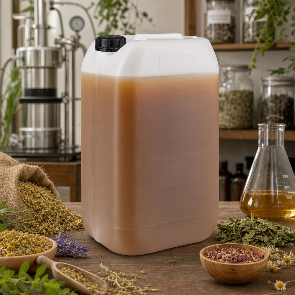 Tanica 15 litri con tappo a vite OV Conservazione dell'estratto di erbe in un contenitore da 15 litri con tappo originale in un laboratorio di scienze naturali