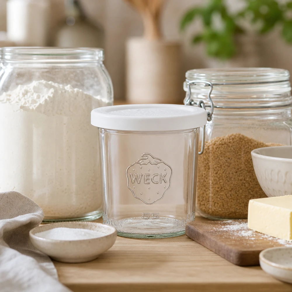 Bicchieri WECK 140ml RR60 in un ambiente di cucina naturale con ingredienti da forno e tavola di legno come scatto di stile.