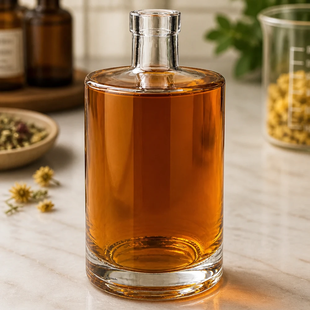 Bottiglia in vetro da 700 ml Marie senza tappo UNiTWIST® Bottiglia in vetro da 700 ml Marie riempita di liquido ambrato in un ambiente elegante con erbe e vasetti da farmacia