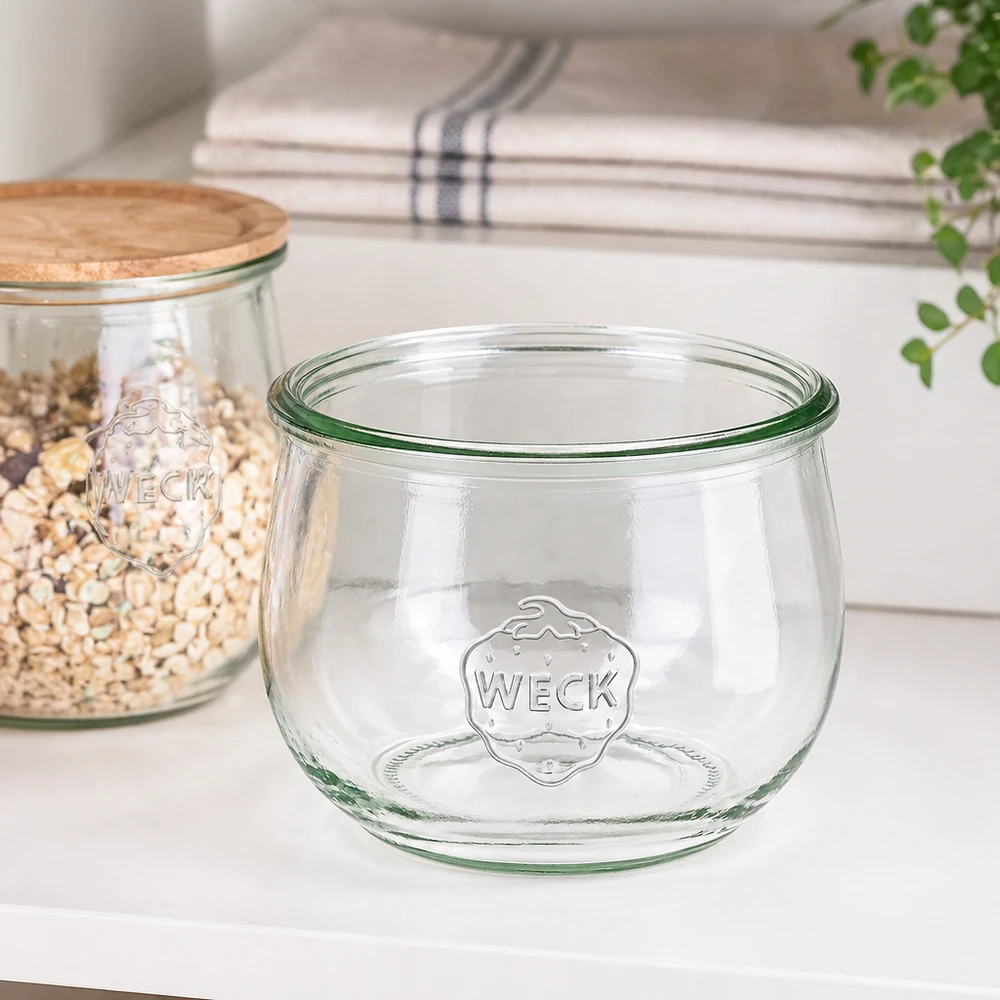 580ml WECK vaso a tulipano RR100 vaso per conserve trasparente con logo su piano di lavoro bianco accanto al vaso di stoccaggio