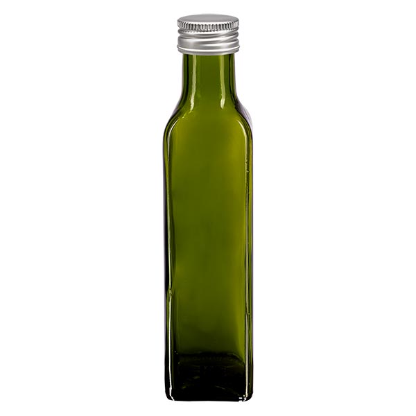 Bottiglia a vite quadrata verde oliva da 250 ml con tappo in argento. tappo Bottiglia a vite quadrata verde oliva da 250 ml con tappo in argento. tappo
