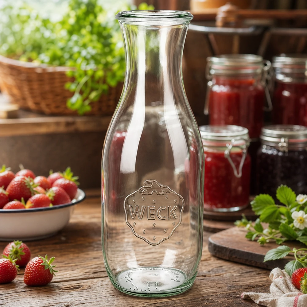 Bottiglia per succhi da 1062 ml WECK RR60 Bottiglia di succo WECK 1062ml RR60 in una cucina rustica con fragole fresche e vasetti di marmellata come decorazione