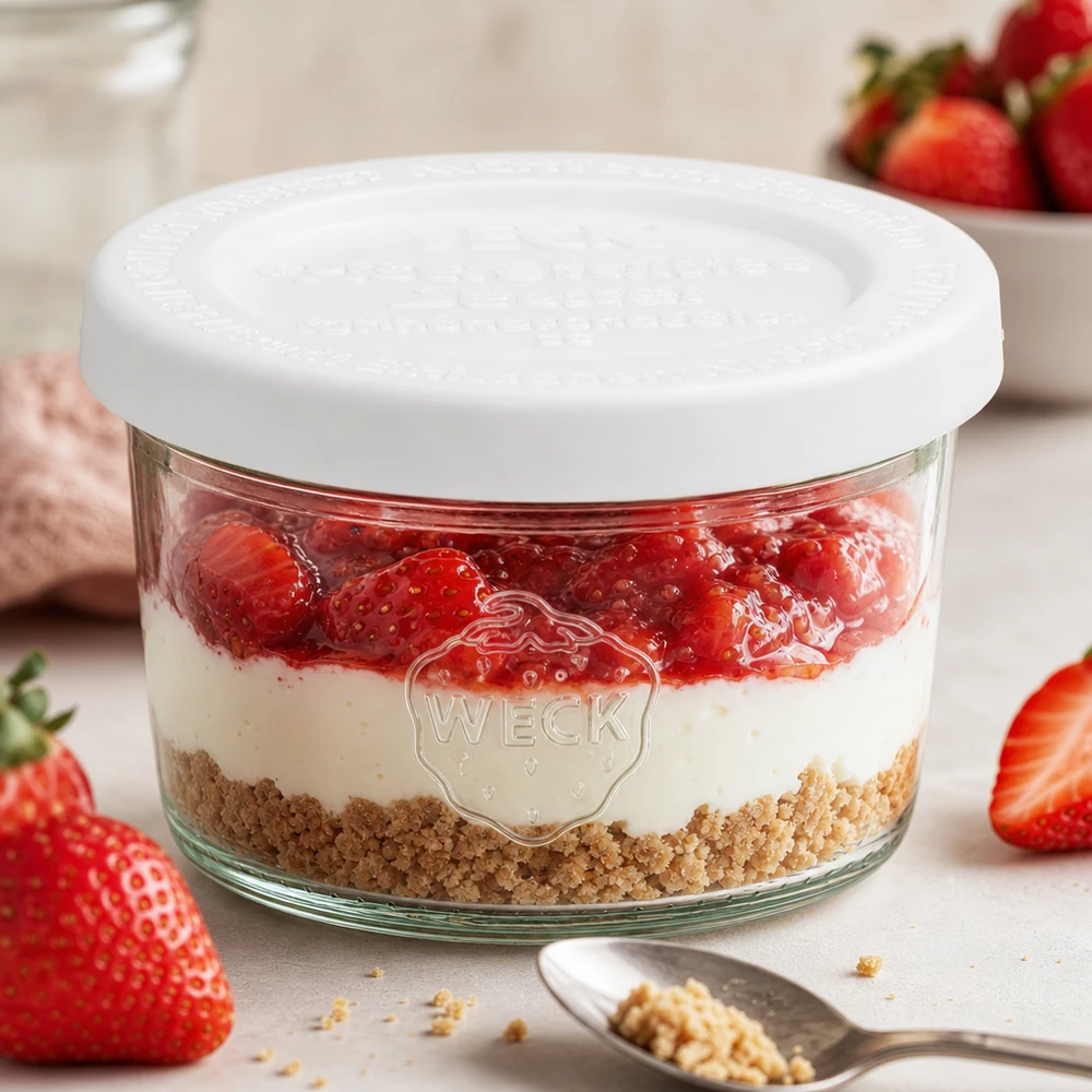 WECK 80ml tumbler RR60 con dessert alla fragola e base di biscotti come dessert a strati tra fragole fresche e cucchiaio