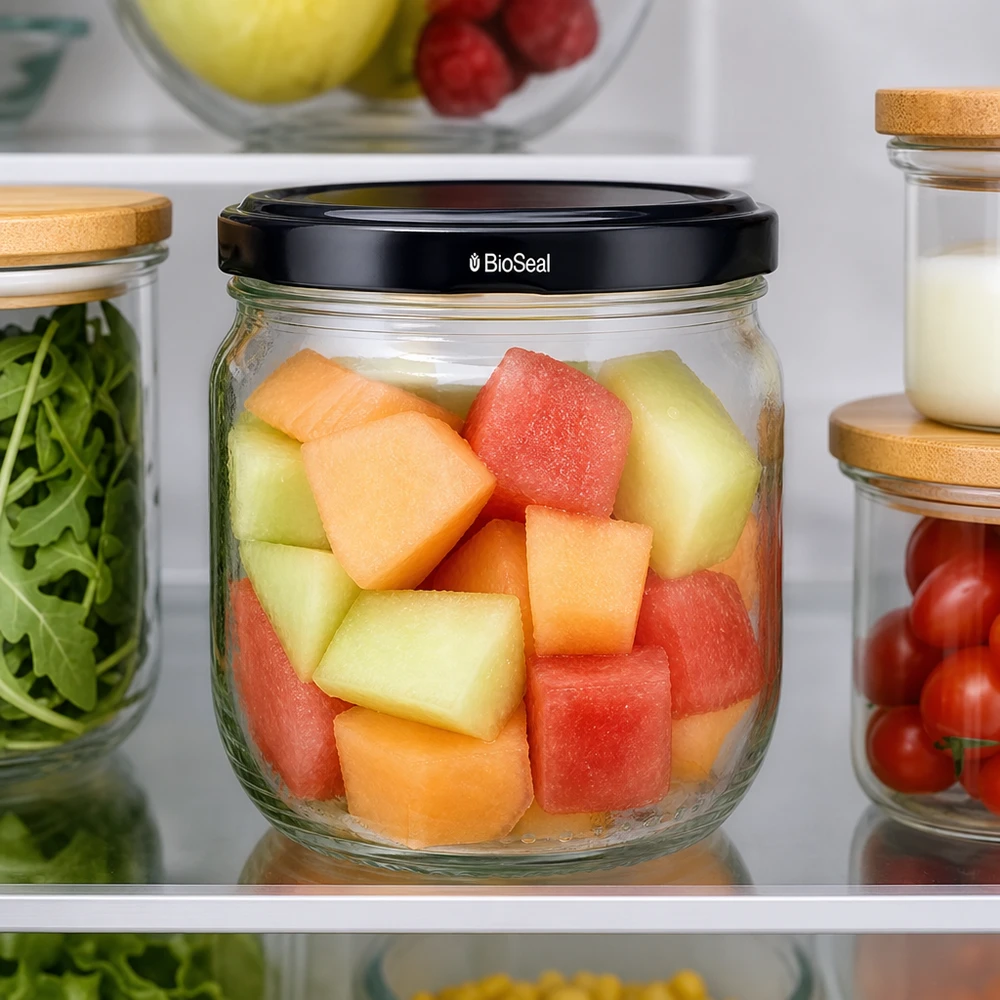 Un barattolo rotondo da 425 ml con coperchio BioSeal riempito di pezzi di melone fresco in frigorifero mostra l'utilizzo pratico