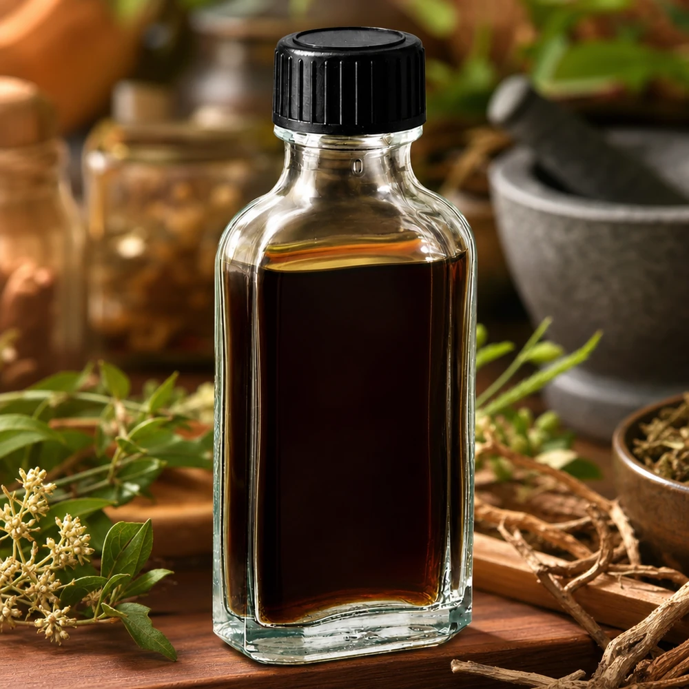 Tappo a vite trasparente Meplat da 50 ml con disco di tenuta in EPE Flacone Meplat da 50 ml con olio alle erbe scuro e tappo a vite nero su base in legno