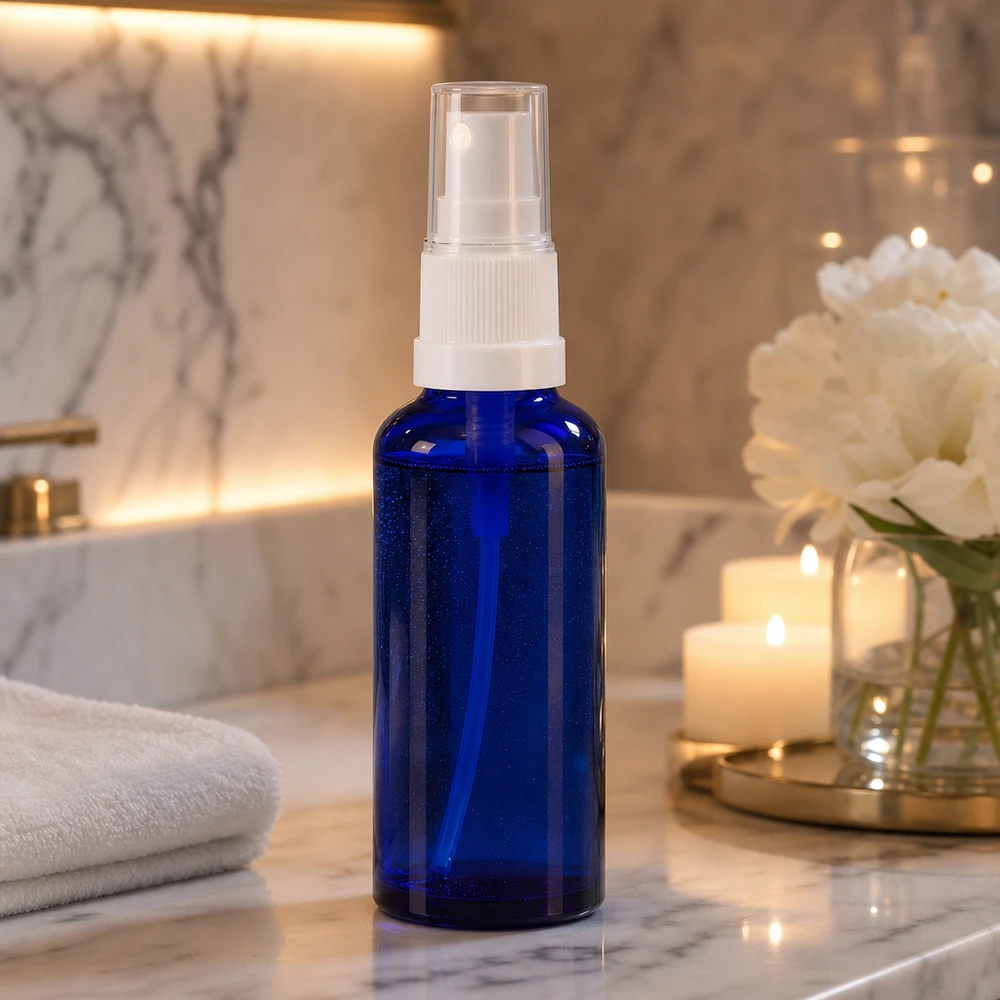 Flacone spray da 30 ml in vetro da farmacia color blu cobalto con erogatore bianco, in un elegante bagno con candele