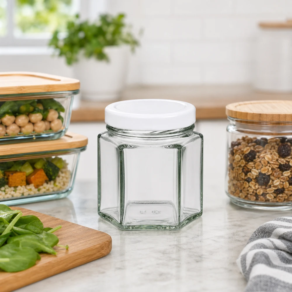 Barattolo hexa da 47 ml con coperchio BasicSeal bianco UNiTWIST Barattolo hexa da 47 ml vuoto con coperchio BasicSeal bianco tra barattoli pieni in una cucina moderna