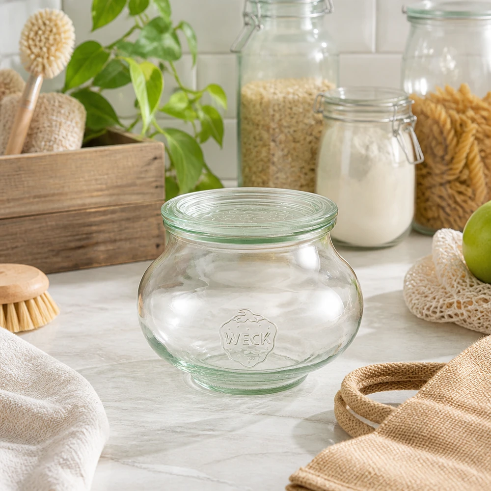 Vaso per gioielli WECK 560ml RR80 in cucina sostenibile a rifiuti zero con materiali naturali spazzole in legno e sacchi di juta