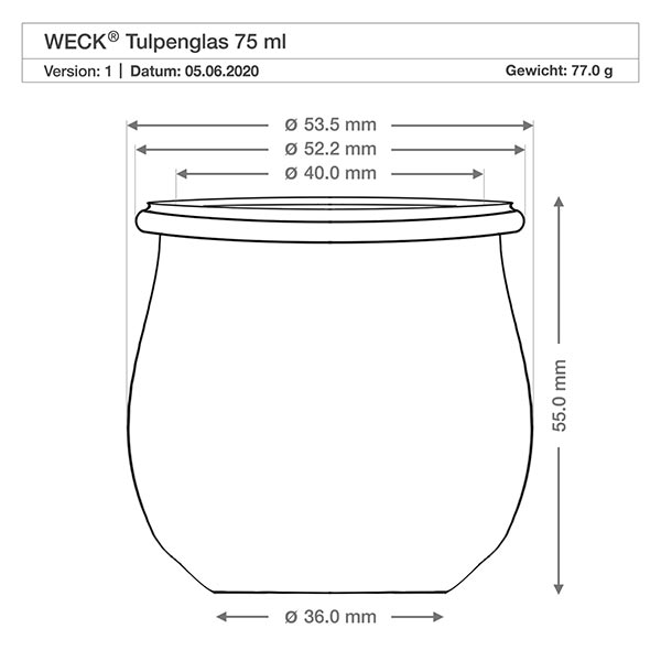 Barattolo a tulipano da 75 ml con coperchio salvafreschezza WECK RR40 Disegno tecnico del vaso WECK tulipano 75ml RR40 con dimensioni Diametro Altezza Peso Specifiche del prodotto