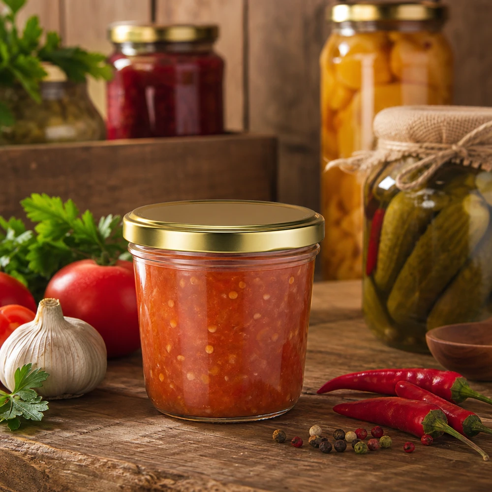 Bicchieri da 230 ml con coperchio BasicSeal oro UNiTWIST Barattolo di vetro da 230 ml con coperchio dorato, riempito con salsa di pomodoro circondata da ingredienti freschi e spezie.