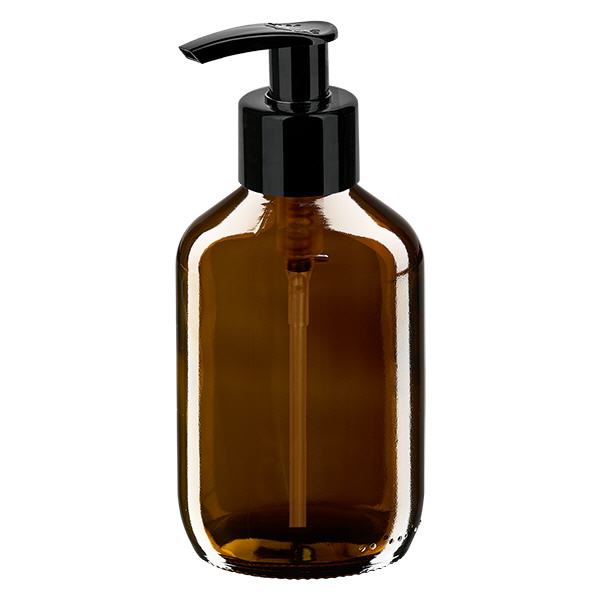 Flacone per medicinali da 200 ml marrone, con pompa dispenser nera ApoGl Flacone per medicinali da 200 ml marrone, con pompa dispenser nera ApoGl