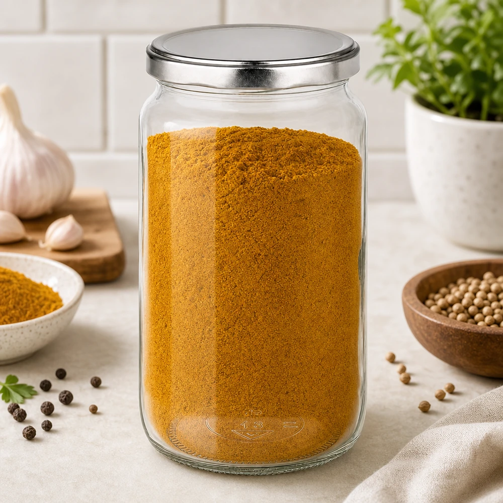 Barattolo rotondo da 795 ml con coperchio BasicSeal argento UN... Barattolo rotondo da 795 ml con coperchio BasicSeal riempito di polvere di spezie in cucina accanto a coriandolo e aglio