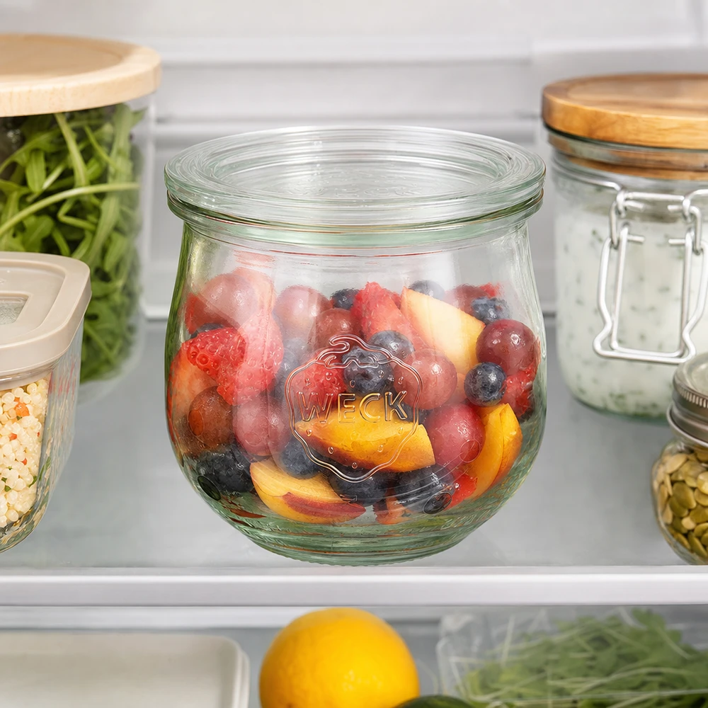 WECK vaso a tulipano 370ml RR80 con macedonia di frutta fresca in frigorifero per una pratica conservazione degli alimenti