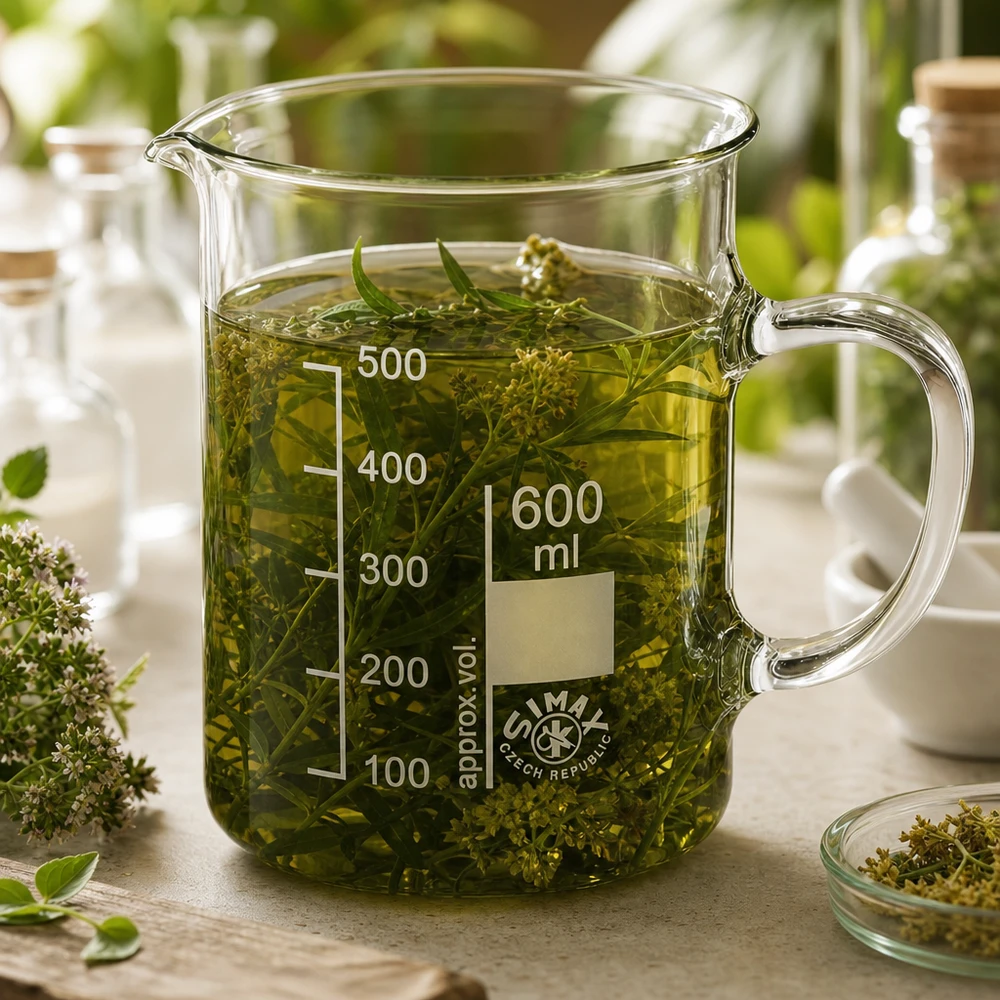 Bicchiere da 600 ml con manico, riempito con infuso di erbe verdi ed erbe medicinali fresche