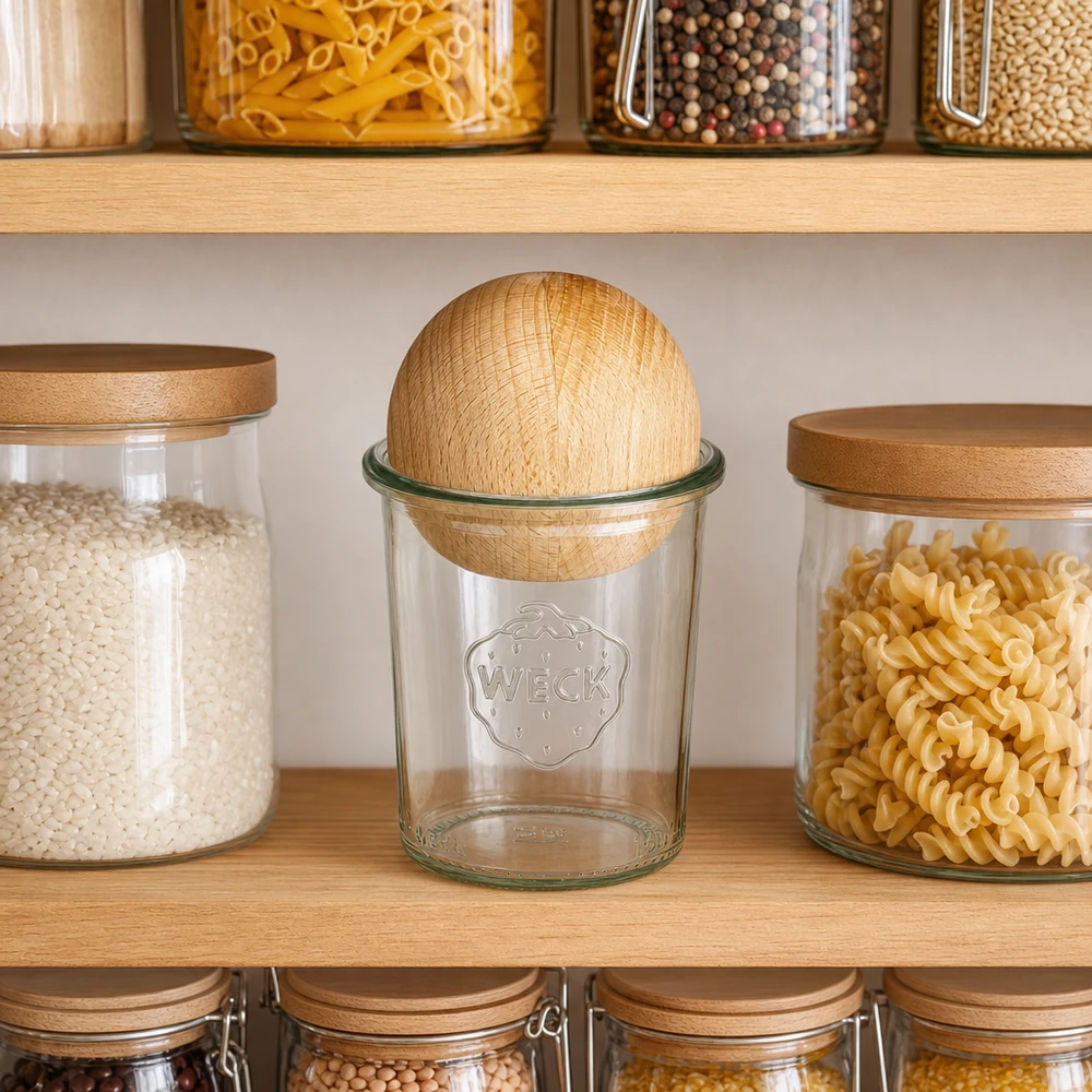 WECK RR60 160ml vaso in muratura con sfera in legno sul ripiano della cucina tra i barattoli di pasta e cereali