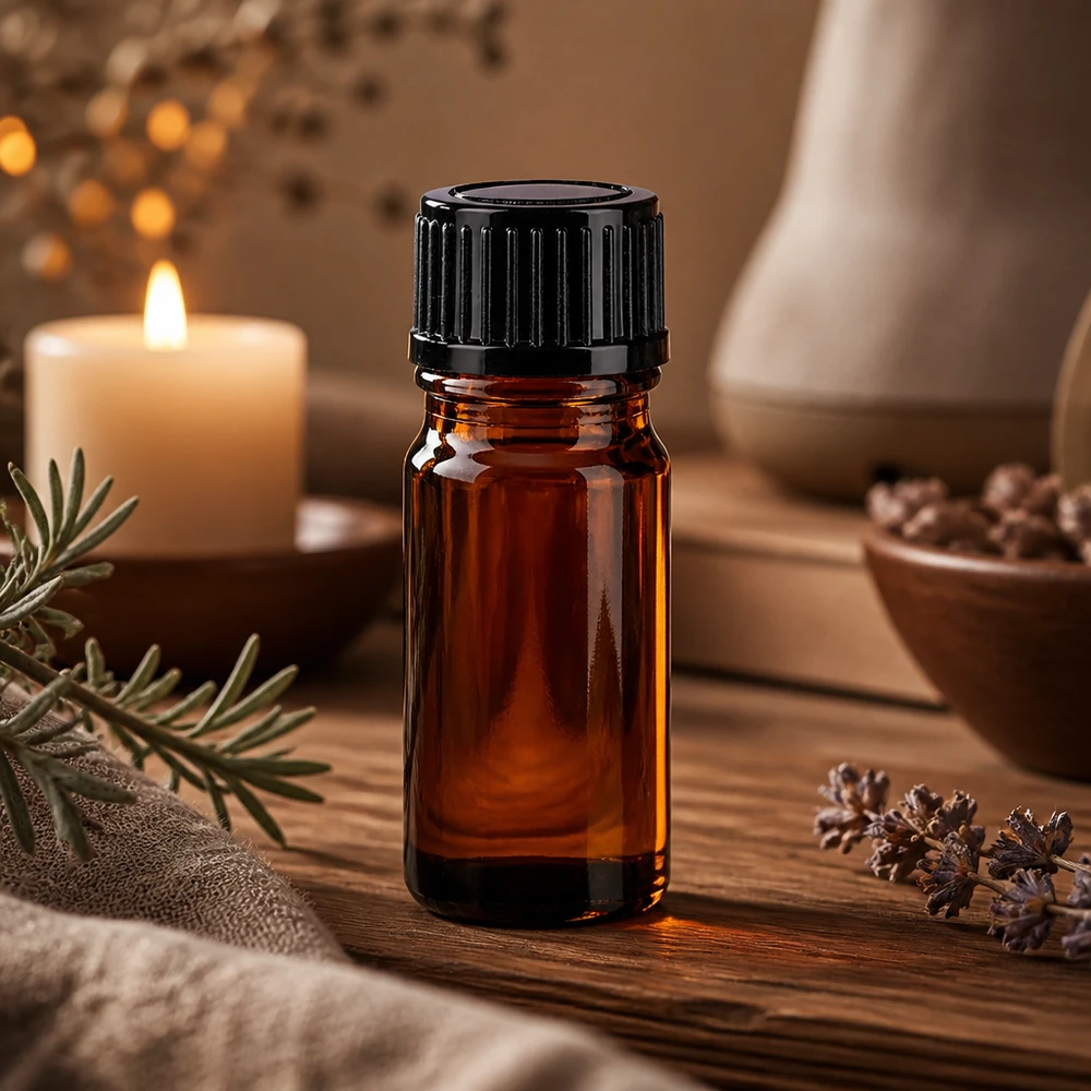 Flacone di vetro da 5 ml color ambra con tappo a vite nero da 11 mm su fondo in legno con erbe aromatiche