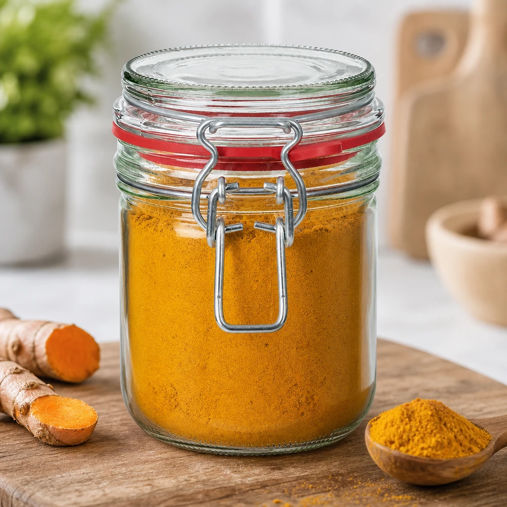 Barattolo da conservazione da 400 ml, tipo G, con chiusura a clip UN.. Curcuma in barattolo da 400 ml con coperchio girevole, perfetto per spezie e polveri da cucina.