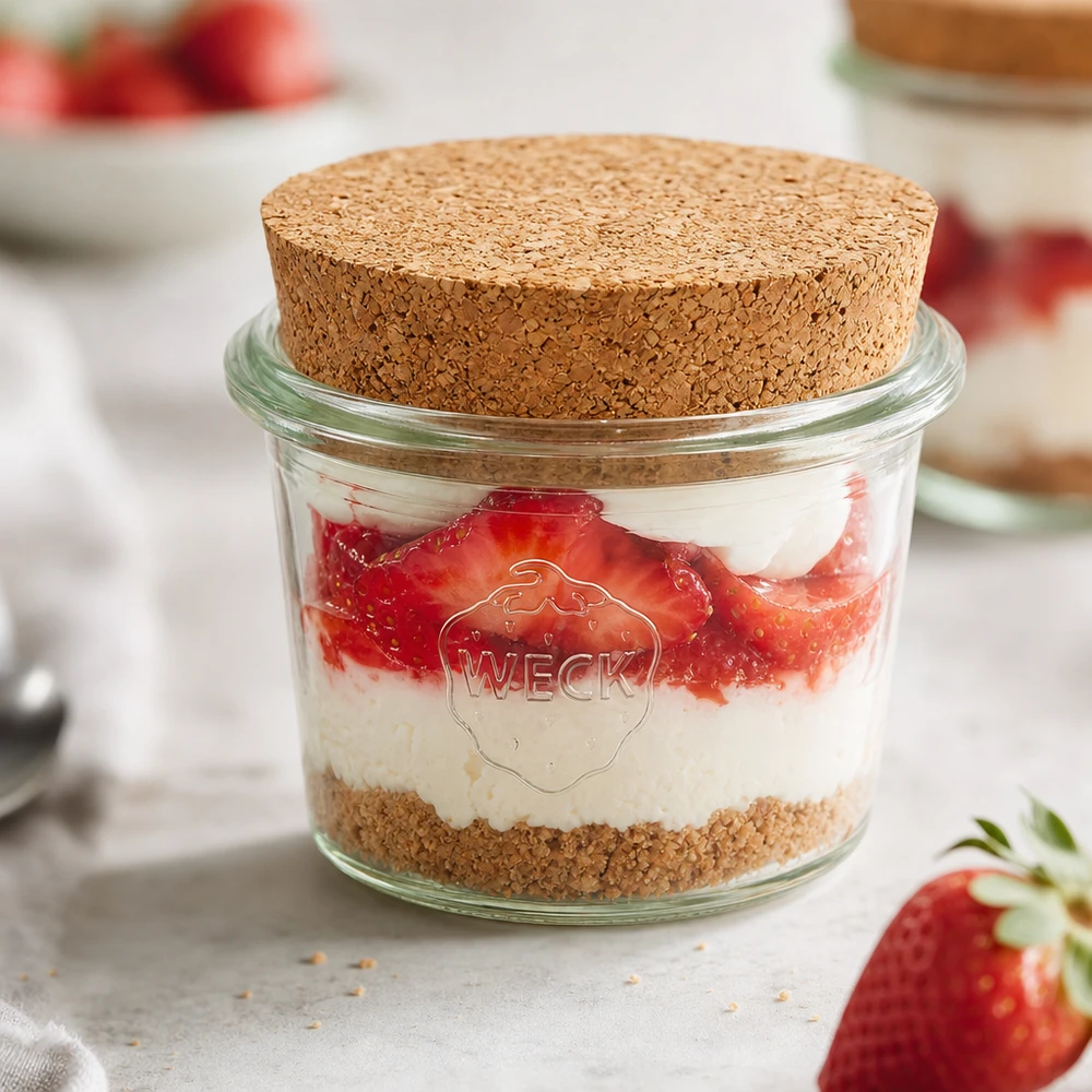 WECK RR40 Vasetto da 35 ml con tappo in sughero riempito di crema di fragole come vasetto da porzione per dessert dolci