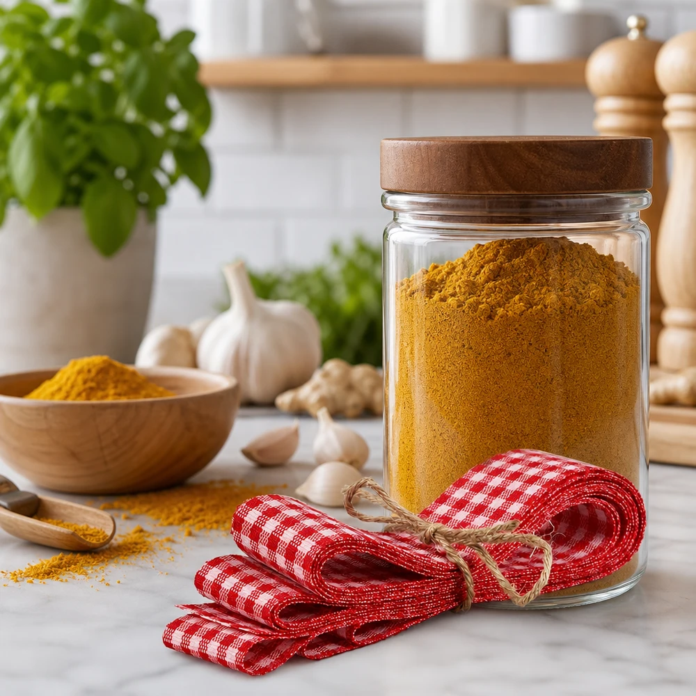 Nastro in tessuto a quadri bianchi e rossi di 300 cm accanto a un barattolo di spezie decorato con curcuma e aglio in una moderna cucina country