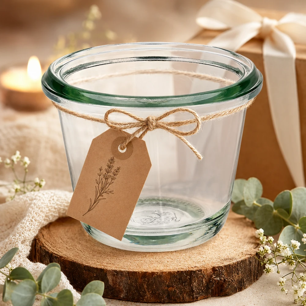 Barattolo da 80 ml WECK gourmet RR60 decorato con etichetta in carta kraft su disco di legno in una decorazione regalo festosa