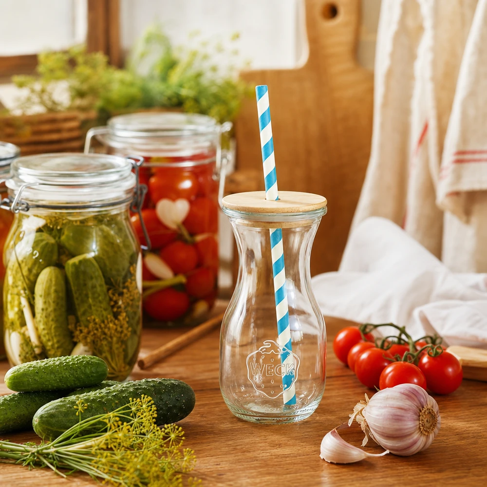 WECK bottiglia di succo 290ml scenario cucina con cetrioli sottaceto pomodori verdure fresche coperchio in legno eco cannuccia