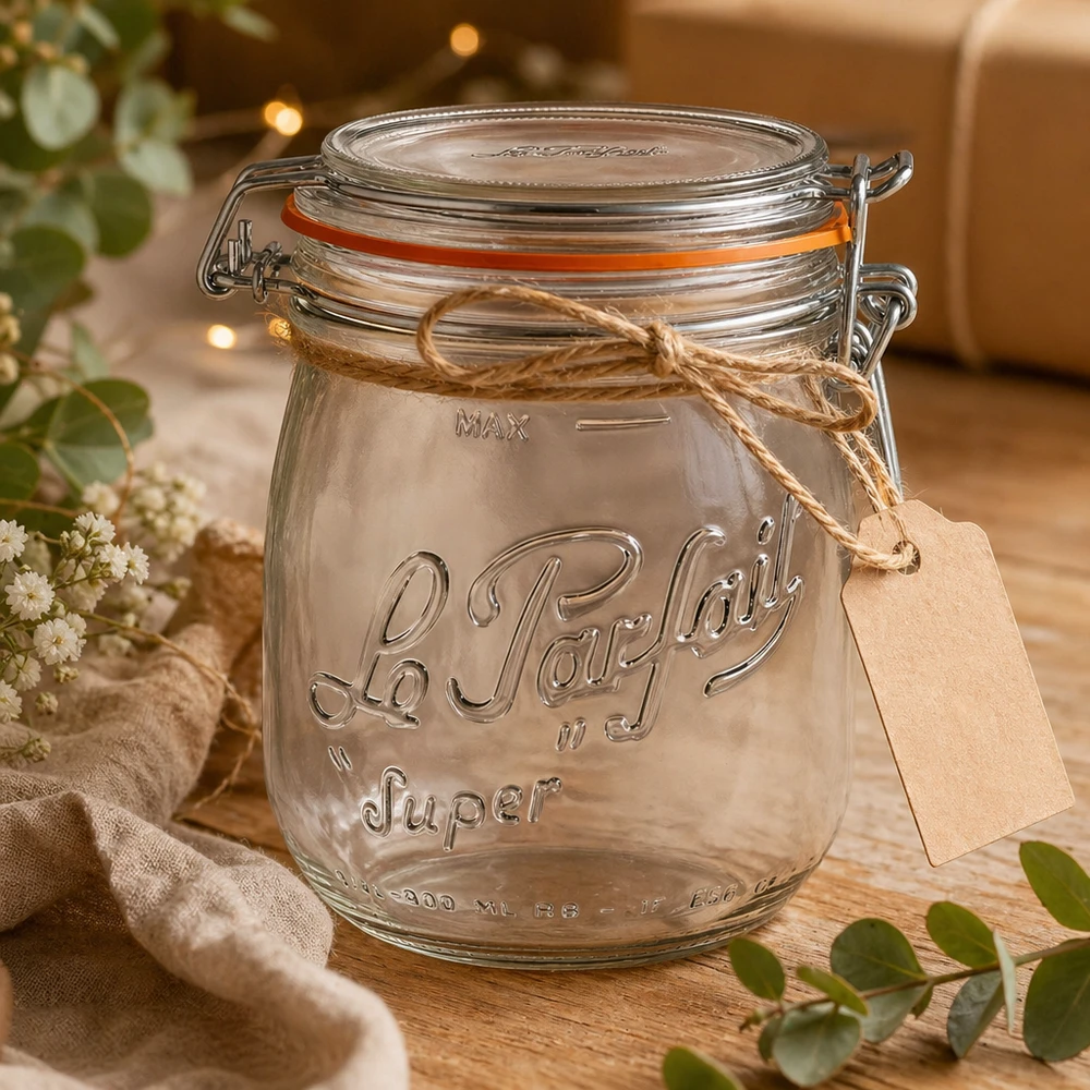 Barattolo da 750 ml Le Parfait Super con tappo oscillante e targhetta regalo su tavolo in legno con decorazioni