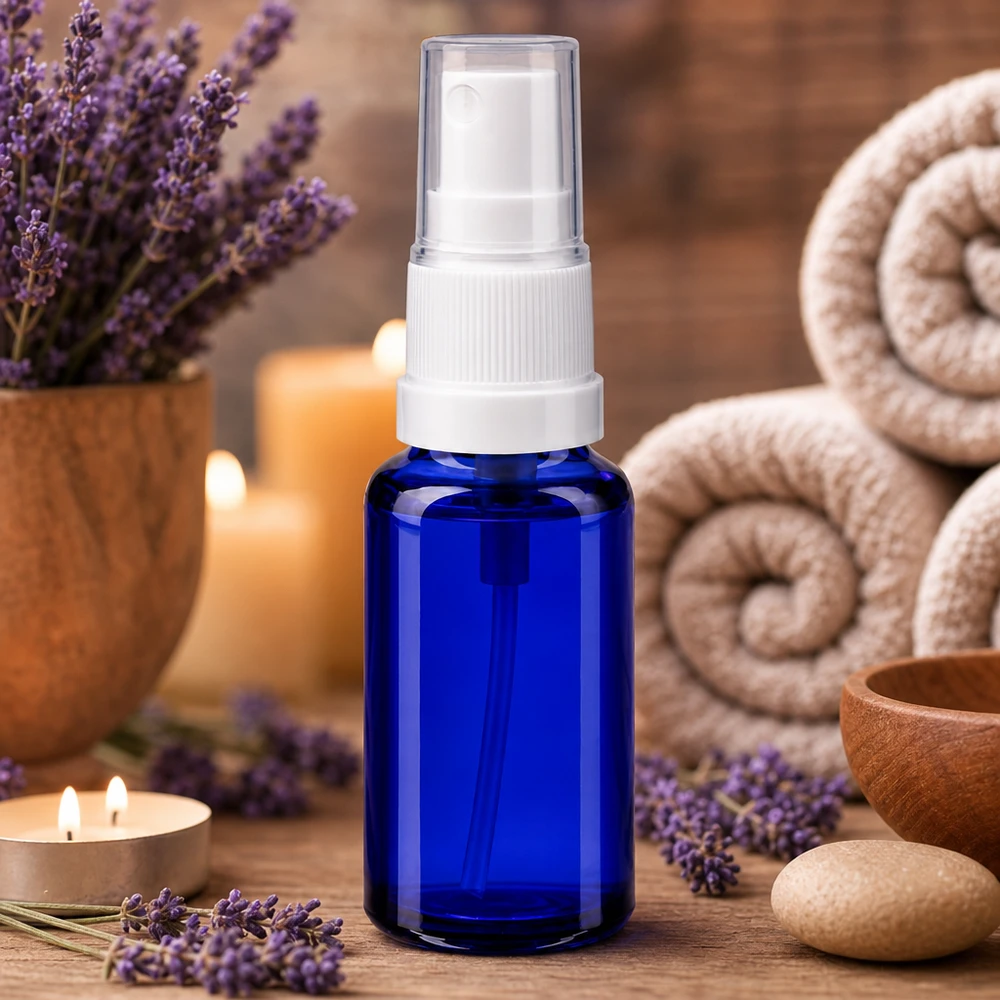 Flacone spray blu da 20ml STD bianco/trasp. apoGlas Piccolo flacone spray da farmacia da 20 ml in vetro blu con nebulizzatore bianco per oli essenziali
